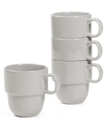 Keep the kitchen and table in check with Stax Living dinnerware. A simple gray finish adorns mugs for everyday use, in a shape designed for efficient stacking and storage. Perfect for small spaces!