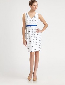 Textural woven cotton, studded with sweet polka dots and defined by grosgrain ribbon at the waist.V necklineSleevelessGrosgrain waistbandFront skirt pleatsConcealed back zipFully linedAbout 22½ from natural waist81% cotton/13% nylon/6% polyesterDry cleanImported of Italian fabricModel shown is 5'10½ (179cm) wearing US size 4. 