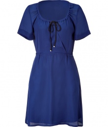 Stylish dress in fine, pure blue silk - Soft, lightweight fabric drapes beautifully - Elegant gathered collar and waist - Short, cuffed sleeves and round neckline with decorative ribbon tie - Slim, ultra-feminine silhouette - On-trend and sheer, with slip lining - Perfect for parties and casual cocktails, seamlessly transitions from day to evening - Pair with a cropped blazer or cardigan and ankle booties