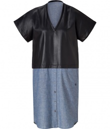 Detailed with a lambskin top and two-tone denim skirt, 10 Crosby Derek Lams mixed-media dress is an edgy way to lend a luxe edge to Downtown looks - V-neckline, short sleeves, button-down skirt, side slit pockets, shirttail hemline, contrast denim back panel - Loose fit - Wear with leather booties and stacks of bangles