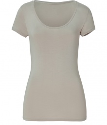 Stylish t-shirt in fine, beige viscose blend - Especially comfortable and flattering, thanks to a touch of stretch - Super-soft, lighter weight material - Deep scoop neck and short, fitted sleeves - Long, lean silhouette hits below hips - Casually elegant and ultra versatile, great for everyday - Pair with jeans, cigarette pants, shorts and dressier trousers