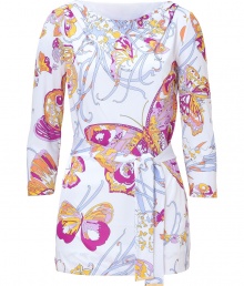 Flutter into spring style in Emilio Puccis butterfly print belted jersey top - Wide neckline, 3/4 sleeves, self-tie sash around the waist - Fitted - Pair with tailored trousers and bright pumps for a seamless transition from work to cocktails