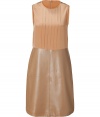 Sophisticated cognac silk and leather shift dress by Raoul - This wonderfully chic dress is flattering and feminine - Lovely pleated silk top with luxurious leather A-line skirt - Sleeveless high neck silhouette with a back zip closure - Pair with ribbed tights, wedge platform heels, and a luxe boyfriend cardigan