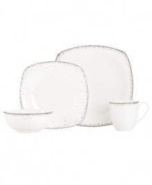 Forecast modern whimsy at meal time with Lenox dinnerware. The dishes feature shimmering droplets that trickle in from the platinum-banded edges of white bone china. The Silver Mist place settings come in soft square and coupe designs to shape up casual tables. Qualifies for Rebate