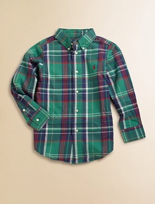 A plaid button-down shirt embroidered with Ralph Lauren's signature pony provides a timeless, handsome look.Pointed button-down collarLong sleeves with single-button barrel cuffsButton-frontShirttail hemCottonMachine washImported Please note: Number of buttons may vary depending on size ordered. 