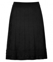 Polish your look with a chic feminine edge in Missoni Ms characteristic textural knit black skirt - Flat elasticized waistband, contrast patterned border around hemline, matching satin lining - Fitted waist, flared silhouette - Wear with a bright knit top and sophisticated heels