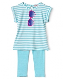 Your aspiring fashionista will never be caught without her shades when wearing this trompe l'oeil striped tunic and legging set featuring a fanciful heart-shaped sunglasses print.