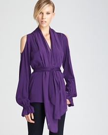 Wrap up in luxe layers of silk with this Rachel Zoe scarf top boasting chic shoulder cutouts and flattering belted waist.