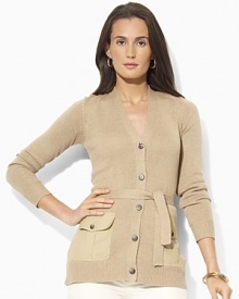 Intricately knit from a luxurious blend of linen and cotton yarns, the chic Damary cardigan channels safari-inspired style with twill bellows pockets and a self-tie belt at the waist.