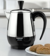 A more elegant alternative to standard coffee makers, this stainless steel percolator from Farberware has a sleek, pitcher shape. At a brewing rate of one cup per minute, this coffee pot sacrifices nothing in terms of speed for beauty. And once it has finished brewing, it will automatically switch to a safe keep warm temperature. Makes 2-4 cups. Comes with 1-year limited warranty. Model #FCP240.