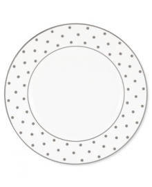 Pave your table in polka dots for fine dining without the formality. From kate spade new york dinnerware, the Larabee Road dinner plate features luxe bone china with platinum accents that combine easy elegance and irresistible whimsy.