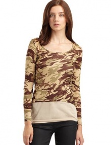 THE LOOKScoop necklinePullover styleLong sleeves Camoflage printAsymmetrical hemTHE FITAbout 27 from shoulder to longest point of hemTHE MATERIALRayonCARE & ORIGINDry cleanMade in USA