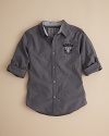 A casual sport shirt is updated with GUESS Kids logo embroidery and roll sleeves that button at the elbow.