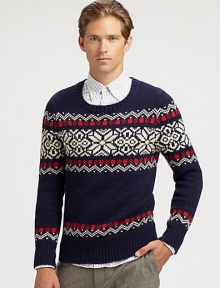 A traditional Nordic print pattern adorns the body and shoulders of a cozy sweater knitted in a rich blend of cotton and wool.CrewneckRibbed knit collar, cuffs and hem45% cotton/20% alpaca/20% wool/15% polyamideDry cleanImported