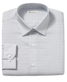 A subtle pattern in a sophisticated gray gives this Kenneth Cole New York dress shirt a step up from basic white.