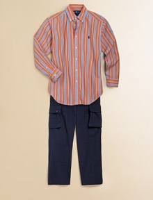 Our classic button-down shirt features bright stripes and an embroidered pony at the chest for a signature look.Button-down collarLong sleeves with barrel cuffsButton frontBox-pleated backShirttail hemCottonMachine washImported Please note: Number of buttons may vary depending on size ordered. 