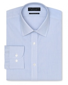 Dress shirt with spread collar, two button barrel cuffs and a slimmer fit through the body, with an allover blue stripe pattern.