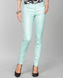 The sparkly, ice-blue fabric of INC's petite skinny jeans is sure to make heads turn!