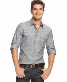 Transition from work to weekend with just a roll of the sleeve with this hip must-have from Kenneth Cole New York.