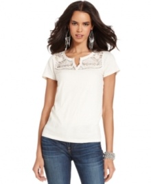 Beaded lace adds a feminine appeal to this Lucky Brand Jeans top -- pair it with your fave denim!