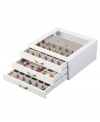 Keep track of your treasure in the Liza jewelry box. Three slide-out trays with divided sections and a glass lid that offers a peek of what's inside make it indispensable for staying organized. With nickeltone pulls and a fresh white finish.