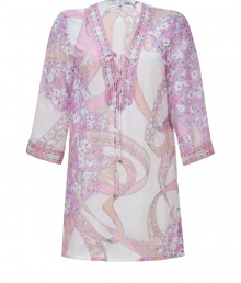 Blossom into warm weather chic in Emilio Puccis whimsical floral print cotton-silk tunic - Laced V-neckline, 3/4 sleeves, contrast print trim - Loosely fitted - Wear over swimwear with bright sandals and a straw tote, or layer over tissue tanks with slim trousers and heels