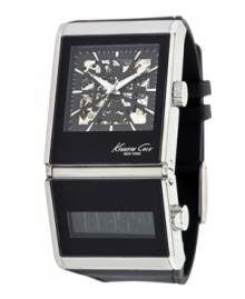 Embrace trend and tradition with this dual time watch by Kenneth Cole New York. Black polyurethane strap and rectangular stainless steel case. Dual dial features analog display at top with black skeleton dial, silver tone stick indices, minute track, luminous hands and logo. Bottom dial features a negative digital display. Automatic and digital movement. Water resistant to 30 meters. Limited lifetime warranty.