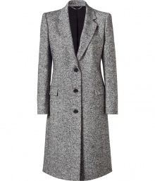 Luxurious coat in a fine virgin wool blend - Fashionable salt & pepper look - Classic single-breasted with three decorative buttons - Knee length - Slim fit and tailored - The details: long sleeves, slightly wider lapels, flap pockets - A classy, all-around talent you can combine many ways and will wear for years - Wear with a pencil skirt, jeans, straight cut trousers or, for evening, over a cocktail dress