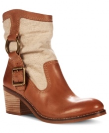 Ethnic fabric on the upper of Lucky Brand's Boxer booties provides the perfect complement to the smooth, shiny leather and metal ring and buckle detailing.