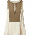 Elegant sleeveless top in off-white viscoses features beige insert and decorative darts - Slotted round neckline is lined with a decorative chain - Slim silhouette moves into slightly ruffled waist - Pair with skinny jeans and ballet flats for a casual weekend look