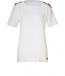 Luxe white m?lange tee from Burberry Brit - Add chic appeal to your wardrobe basics with this super stylish tee - Cool epaulet detail at shoulder, slim feminine cut, made of heather cotton - Pair with skinny jeans, a military-inspired jacket, and over-the-knee boots