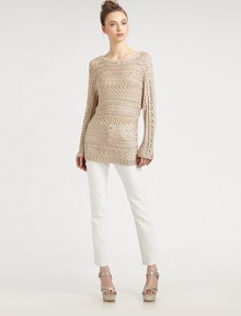 Delicate pointelle knit adds a subtle skin-baring chic to this lightweight pullover.BoatneckDropped shouldersLong sleevesPullover styleAbout 30 from shoulder to hem88% acetate/12% lurexDry cleanImported of Italian fabricModel shown is 5'10 (177cm) wearing US size Small.