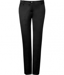 Stylish pants in fine black acetate and nylon stretch blend - Elegant, satin-like sheen - Modern silhouette: low-waisted, slim fit, cropped at the ankle - Chic crease detail at front, belt loops, double welt pockets at back - A versatile and polished pant that easily goes from day to night - Ideal for the office, cocktails and evening events - Pair with a silk blouse or paillette top and cropped leather jacket - Style with ankle booties or platform heels