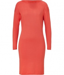 Detailed in a delicious shade of sorbet orange cashmere-silk, Ralph Lauren Blacks luxe knit dress is as uplifting as it is chic - Boat neckline, long sleeves, dropped shoulders, pull-over style - Form-fitting - Wear with heels and statement gold jewelry