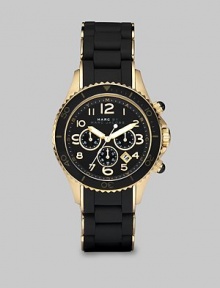 Striking and sporty, combining a full-function chronograph with gold IP-finishing over stainless steel and elegant black enamel and silicone layering.Round stainless steel case with gold IP finishing