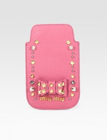 Studs, rhinestones and a sweet bow adds interest to this leather iPhone® cover.Embellished leather3W X 5H X ¼DMade in ItalyPlease note: iPhone® not included.