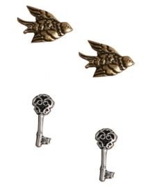 Petite perfection. Lucky Brand's chic stud earrings set combines gold tone birds and silver tone keys in mixed metal. Approximate diameter (bird): 1/3 inch. Approximate drop (key): 5/8 inch.