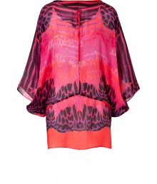 Effortless glamour is easily achieved in this luxe printed maxi dress from Roberto Cavalli - Tunic style, relaxed silhouette, bateau neck, three-quarter dolman sleeves, billowy dropped waist silhouette, all-over print - Wear with embellished sandals, leggings, a fringed shawl, and a statement clutch