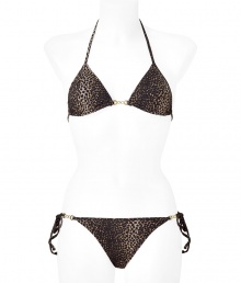 Stylish bikini made ​.​.of fine, black-patterned synthetic stretch fiber - Sexy and glamorous with sophisticated animal print - Fashionable triangle top ties at neck and back - Small gold-color chain elements at hips and heart center - Small, hip-tie bottoms are low-rise with full coverage - Sexy suit for vacation - Pair with caftan and platform sandals