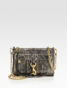 EXCLUSIVELY AT SAKS. Sleek and versatile design in rich snake-stamped metallic leather, finished with a removable shoulder strap.Detachable chain and leather shoulder strap, 21½ dropTop zip closureOne outside zip pocket under flapProtective metal feetOne inside zip pocketTwo inside open pocketsLeather lining8¾W X 6¼H X 1¼DImported