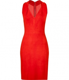 Sultry mandarin red suede stretch dress from Jitrois - This figure-hugging suede dress is guaranteed to turn-heads - Sleek silhouette with pencil skirt, sleeveless, V-neckline, exposed back zip closure - Style with patterned tights, an oversized blazer, and platform heels