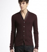 Cashmere ribbed-knit cardigan with leather tab detail on the side.V-neckFull button-downCashmereDry cleanMade in Italy