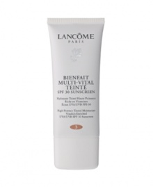 Introducing Lancôme's first SPF 30 Tinted Moisturizer with anti-oxidant protection plus natural, even coverage for a visibly flawless result.VITAMIN ENRICHED HYDRATION: 24 hour nourishing moisture for ideal hydration without a greasy feel.COMPREHENSIVE PROTECTION: Broad spectrum UVA/UVB SPF 30 sunscreen plus anti-oxidant protection.NATURAL PERFECTION: The lightweight tinted formula gives moderate, natural coverage for a healthy hint of color. Blends easily to even out skin tone.RESULT: Comprehensive protection, vitamin enriched hydration, plus an even, flawless looking skin tone.