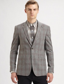 Italian virgin wool gives this classic blazer with a check print a touch of luxury.Notched collarTwo-button frontWelt pocketsBack ventsAbout 29 from shoulder to hemVirgin woolDry cleanImported of Italian fabric