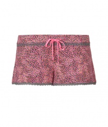 Amp up your leisure-ready style with these darling printed tap shorts from Juicy Couture - Low cut with bow front detail, lace trim at waistband and hem, all-over print - Pair with a camisole, a terrycloth robe, and comfy slippers