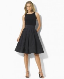 Elegantly pairing sleek matte jersey at the bodice with a lustrous pleated taffeta skirt, the Yuko cocktail dress is finished with a chic scoop neckline and self-tie taffeta sash at the waist for stunning style.