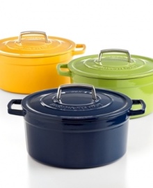 Your go-to for getting it done right in the kitchen, this versatile round dish is perfect for baking casseroles, browning meats and much, much more. The heavy-duty construction distributes heat evenly, locking moisture in to slow-cooked stews and braised roasts. From prep to presentation, this attractive enameled cast iron pot goes with ease, featuring generously sized handles for a secure, confident grip. Lifetime warranty.