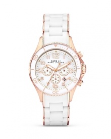 Give your hourly look a hit of MARC BY MARC JACOBS' style with this rose-gold accented watch. Equal parts sporty and sleek, it features a silicone wrapped bracelet and advanced chronograph movement.