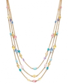 A multitude of hues makes for instant style pick-me-up! Lauren by Ralph Lauren's colorful three row necklace features reconstituted semi-precious turquoise and glass beads strung from delicate chains. Set in gold tone mixed metal with a lobster claw clasp. Approximate lengths: 18, 19 and 20 inches + 2-inch extender.