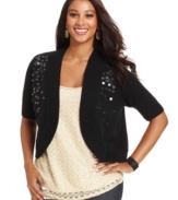 Add sparkle to your look with AGB's short sleeve plus size cardigan, featuring a sequined front!